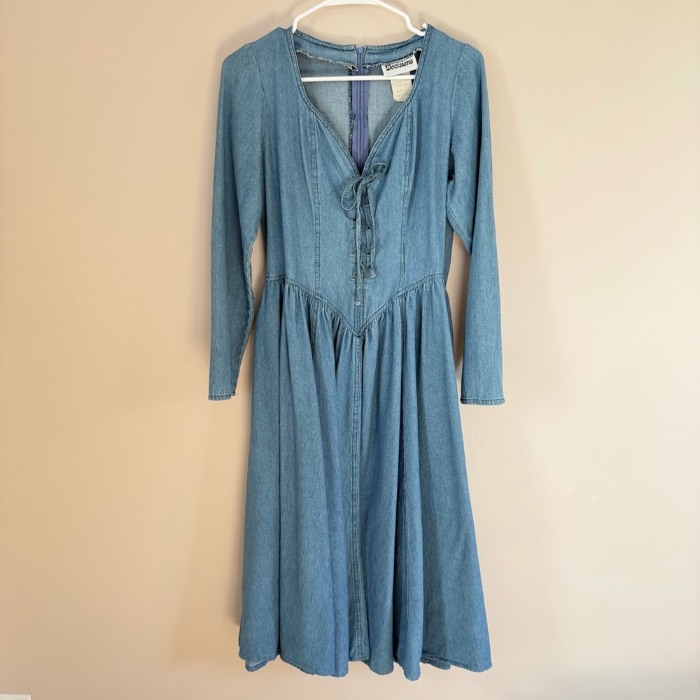 Vintage Tie-Front Long Sleeve Denim Midi Dress - Blue